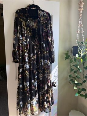 Floral Tie-Neck Black Maxi Dress with Orange & Pink Blooms